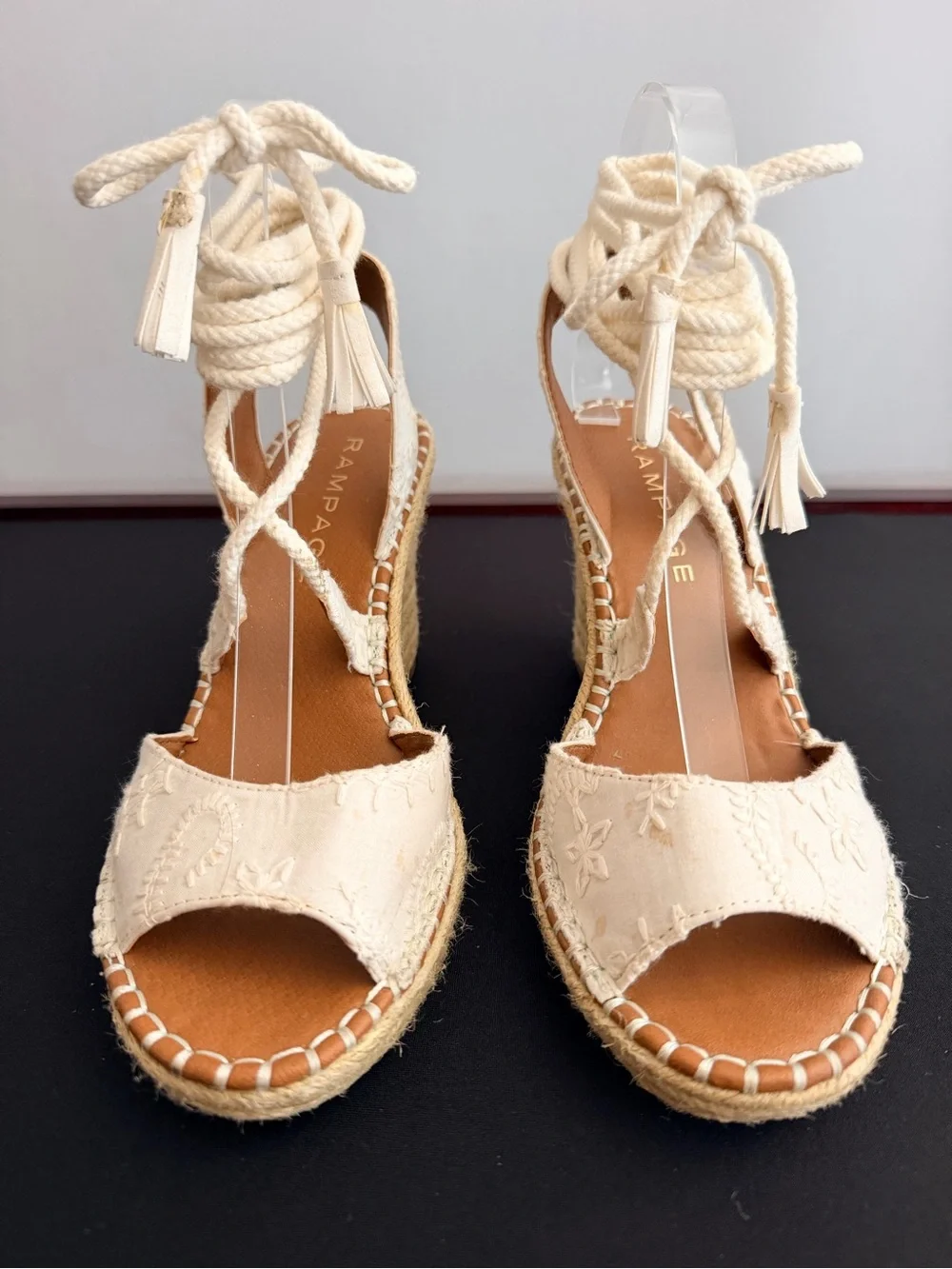Rampage Cream Embroidered Lace-Up Espadrille Wedge Sandals